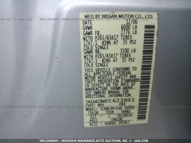 5N1AR18W87C623993 - 2007 NISSAN PATHFINDER LE/SE/XE SILVER photo 9