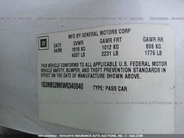 1G3NB52M6W6340840 - 1998 OLDSMOBILE CUTLASS WHITE photo 9