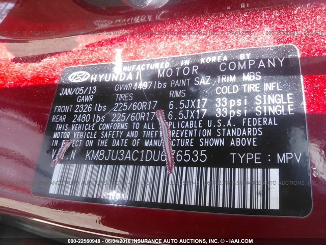 KM8JU3AC1DU676535 - 2013 HYUNDAI TUCSON GLS/LIMITED წითელი ფოტო 9