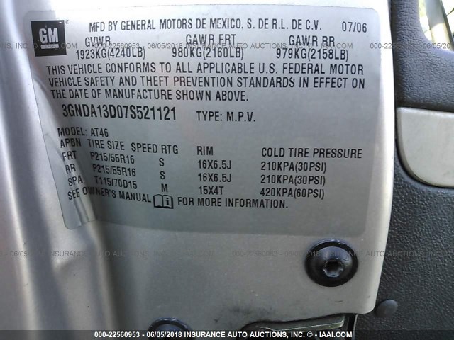 3GNDA13D07S521121 - 2007 CHEVROLET HHR LS SILVER photo 9