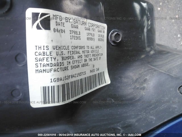 1G8AJ52F04Z193715 - 2004 SATURN ION LEVEL 2 Mavi foto 9