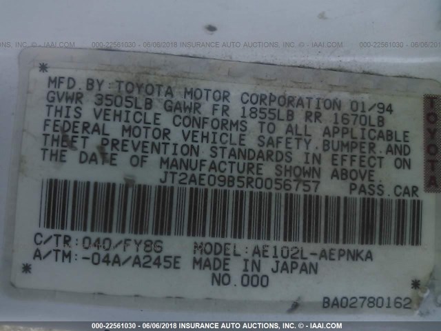 JT2AE09B5R0056757 - 1994 TOYOTA COROLLA LE/DX 白色 照片 9