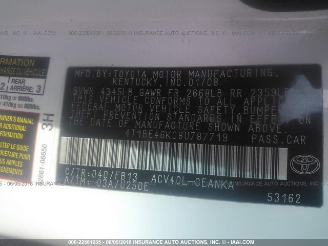 4T1BE46K08U787719 - 2008 TOYOTA CAMRY CE/LE/XLE/SE WHITE photo 9