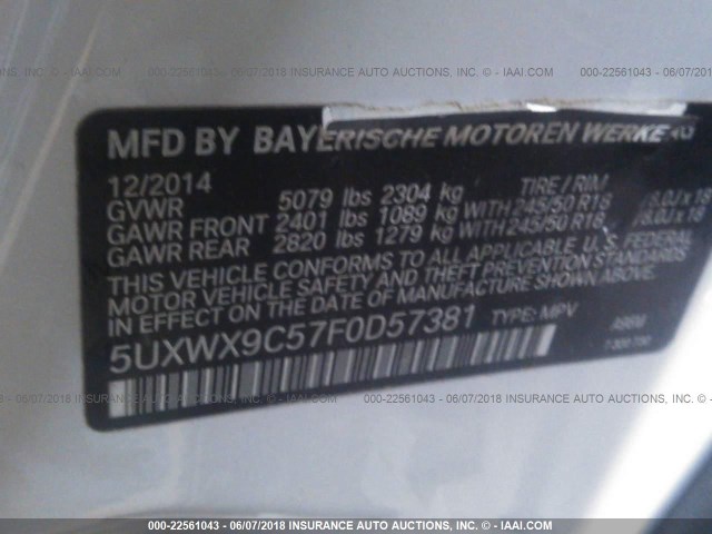 5UXWX9C57F0D57381 - 2015 BMW X3 XDRIVE28I WHITE photo 9
