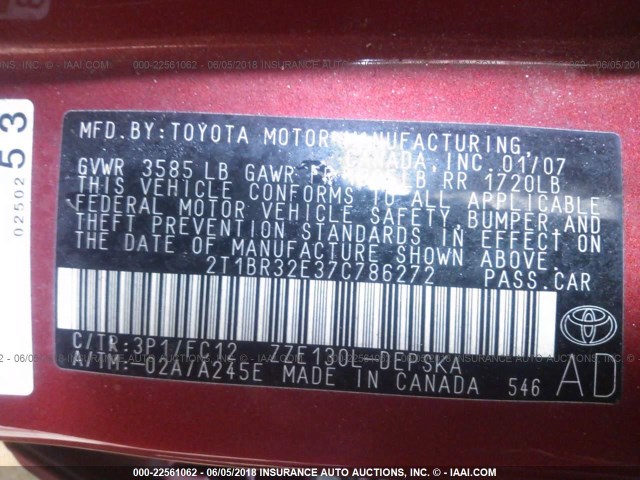 2T1BR32E37C786272 - 2007 TOYOTA COROLLA CE/LE/S BURGUNDY photo 9