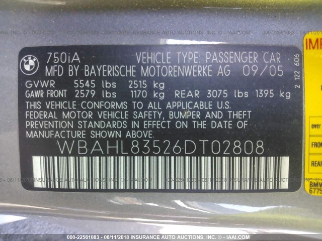 WBAHL83526DT02808 - 2006 BMW 750 I GRAY photo 9