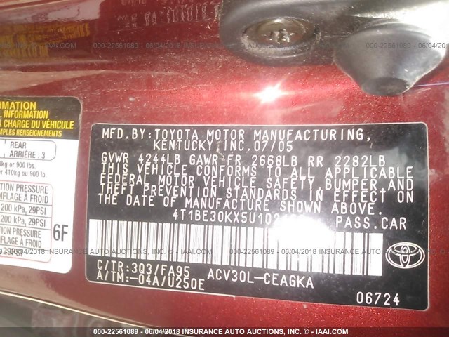 4T1BE30KX5U102169 - 2005 TOYOTA CAMRY LE/XLE/SE 红色 照片 9