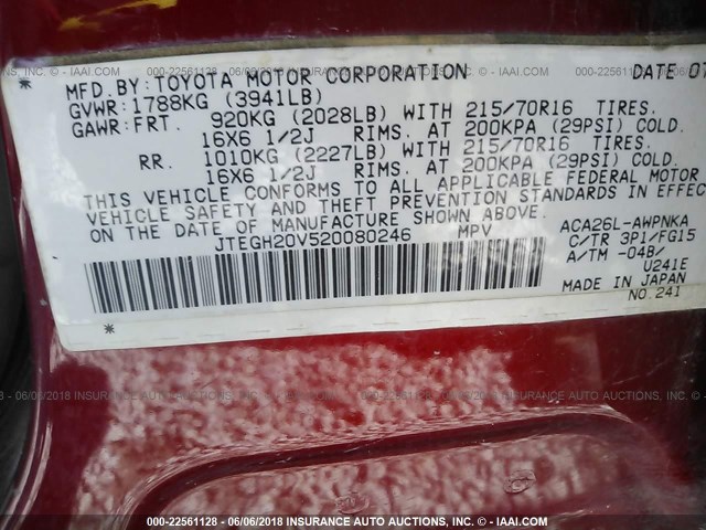 JTEGH20V520080246 - 2002 TOYOTA RAV4 Czerwony zdjęcie 9