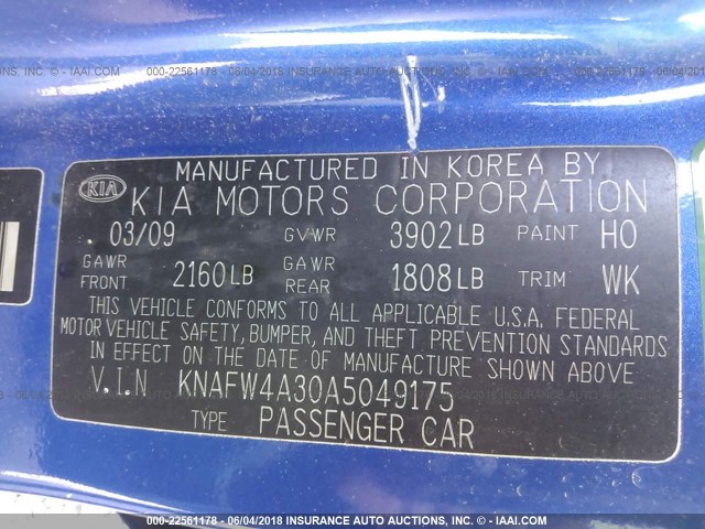 KNAFW4A30A5049175 - 2010 KIA FORTE SX BLUE photo 9