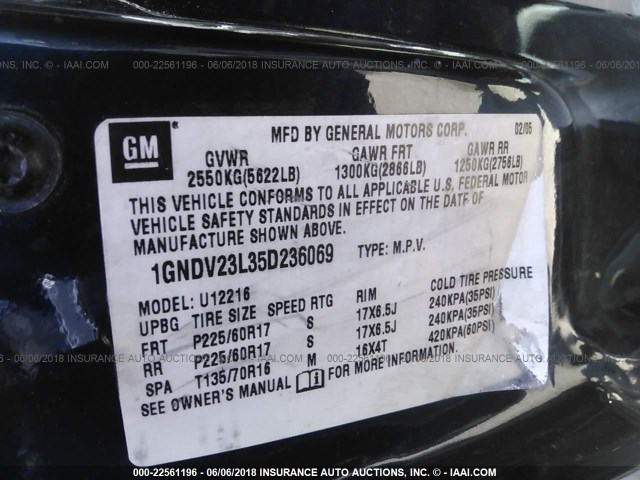 1GNDV23L35D236069 - 2005 CHEVROLET UPLANDER LS BLUE photo 9