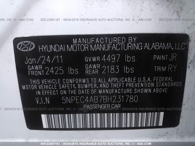 5NPEC4AB7BH231780 - 2011 HYUNDAI SONATA SE/LIMITED WHITE photo 9