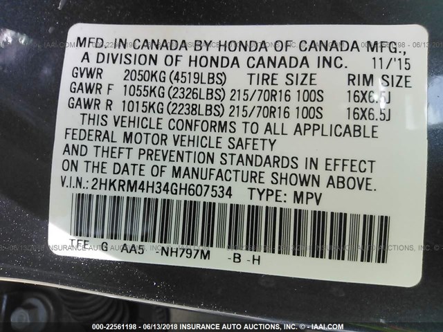 2HKRM4H34GH607534 - 2016 HONDA CR-V LX 灰色 照片 9