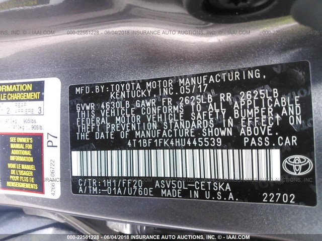 4T1BF1FK4HU445539 - 2017 TOYOTA CAMRY LE/XLE/SE/XSE ნაცრისფერი ფოტო 9