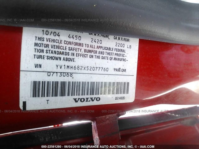 YV1MH682X52077760 - 2005 VOLVO S40 T5 RED photo 9