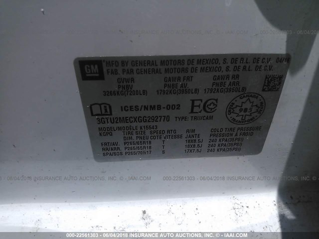 3GTU2MECXGG292770 - 2016 GMC SIERRA K1500 SLE WHITE photo 9