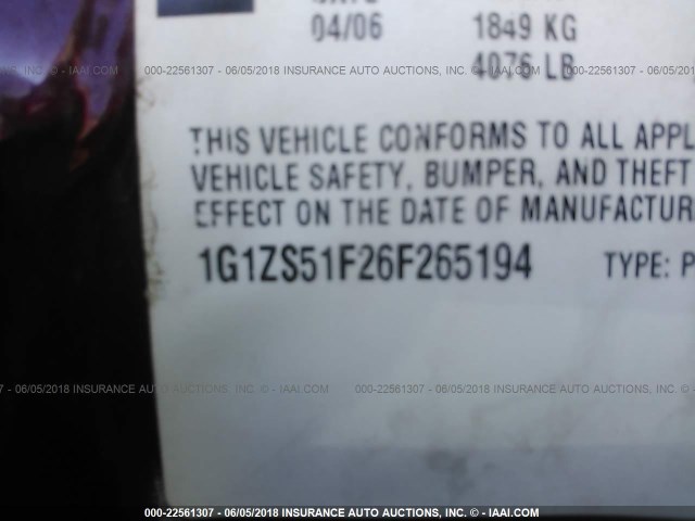 1G1ZS51F26F265194 - 2006 CHEVROLET MALIBU LS MAROON photo 9