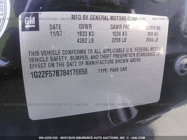 1G2ZF57B784176658 - 2008 PONTIAC G6 VALUE LEADER/BASE BLACK photo 9