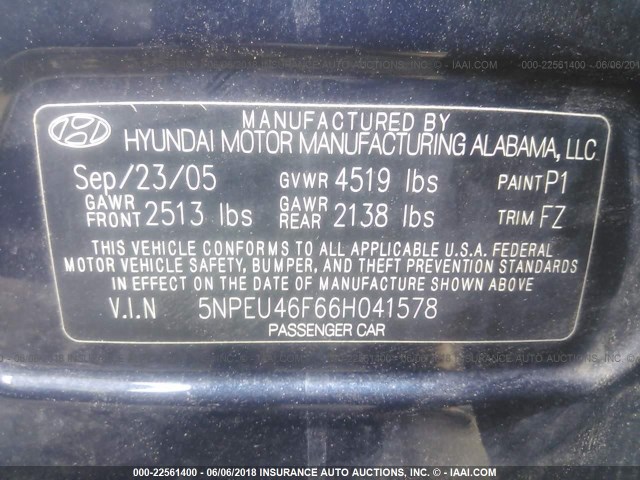 5NPEU46F66H041578 - 2006 HYUNDAI SONATA GLS/LX BLUE photo 9