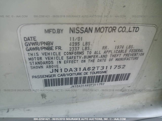 JN1DA31A62T311752 - 2002 NISSAN MAXIMA GLE/SE WHITE photo 9