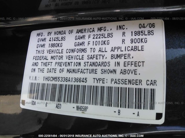 1HGCM55336A136645 - 2006 HONDA ACCORD SE GRAY photo 9