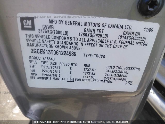 2GCEK13T061224989 - 2006 CHEVROLET SILVERADO K1500 SILVER photo 9