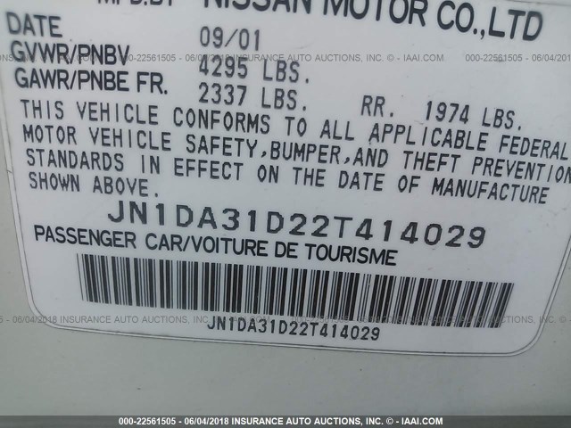 JN1DA31D22T414029 - 2002 NISSAN MAXIMA GLE/GXE/SE WHITE photo 9