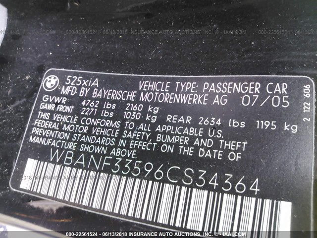 WBANF33596CS34364 - 2006 BMW 525 XI BLACK photo 9