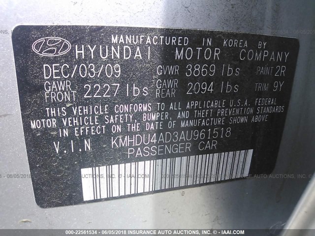 KMHDU4AD3AU961518 - 2010 HYUNDAI ELANTRA BLUE/GLS/SE SILVER photo 9