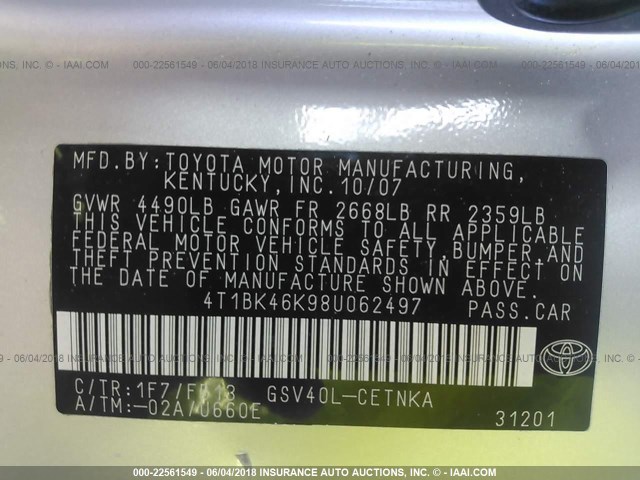 4T1BK46K98U062497 - 2008 TOYOTA CAMRY LE/XLE/SE 银色 照片 9