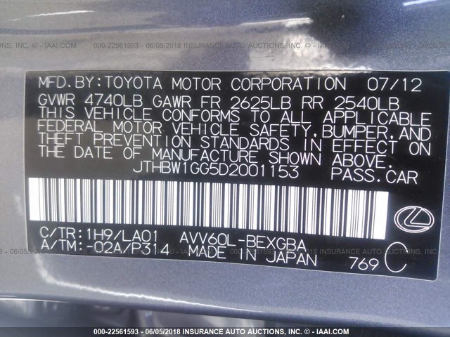 JTHBW1GG5D2001153 - 2013 LEXUS ES 300H GRAY photo 9