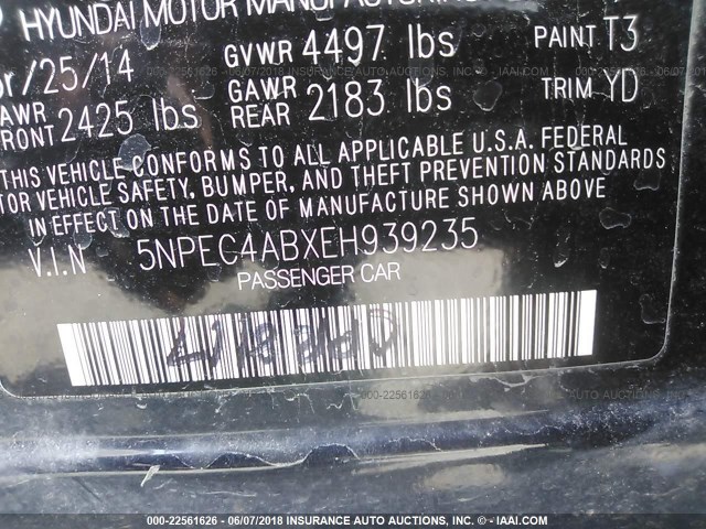 5NPEC4ABXEH939235 - 2014 HYUNDAI SONATA SE/LIMITED Dark Blue photo 9