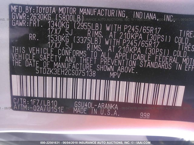 5TDZK3EH2CS075138 - 2012 TOYOTA HIGHLANDER SE SILVER photo 9