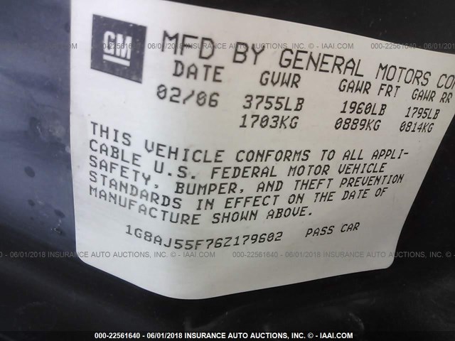 1G8AJ55F76Z179602 - 2006 SATURN ION LEVEL 2 GRAY photo 9