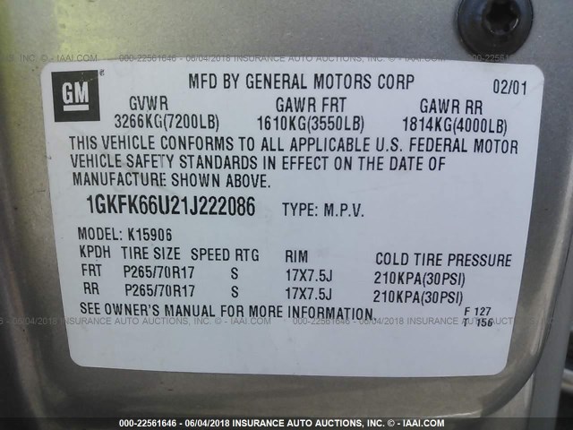 1GKFK66U21J222086 - 2001 GMC DENALI XL K1500 BEIGE photo 9