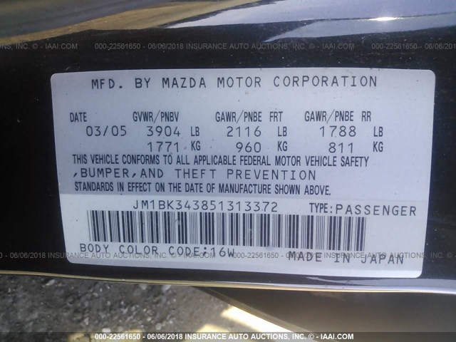 JM1BK343851313372 - 2005 MAZDA 3 HATCHBACK BLACK photo 9