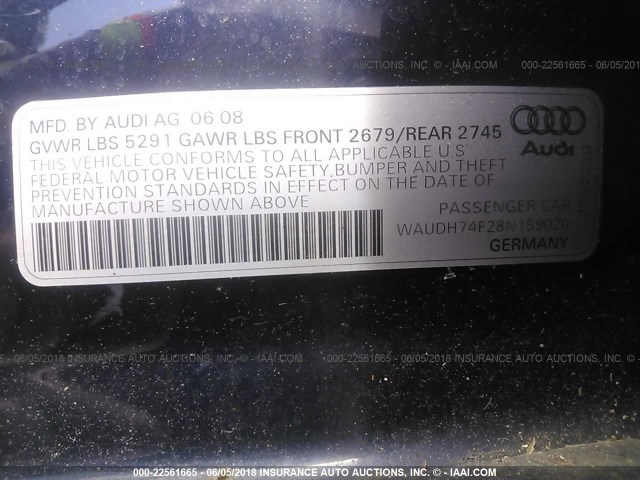 WAUDH74F28N159020 - 2008 AUDI A6 3.2 QUATTRO Dark Blue photo 9