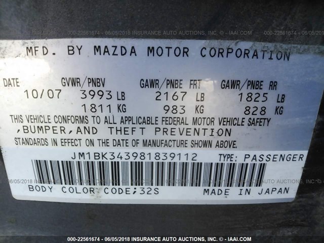 JM1BK343981839112 - 2008 MAZDA 3 HATCHBACK GRAY photo 9