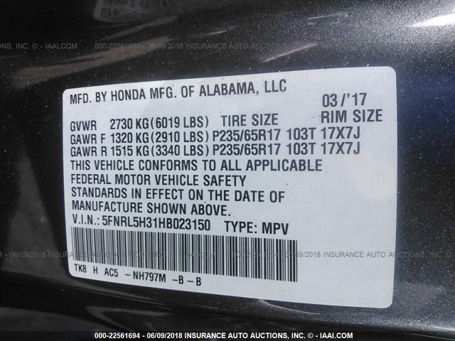 5FNRL5H31HB023150 - 2017 HONDA ODYSSEY SE GRAY photo 9