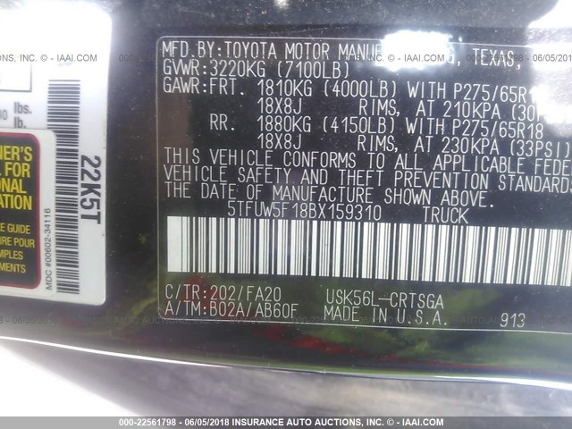 5TFUW5F18BX159310 - 2011 TOYOTA TUNDRA DOUBLE CAB SR5 BLACK photo 9