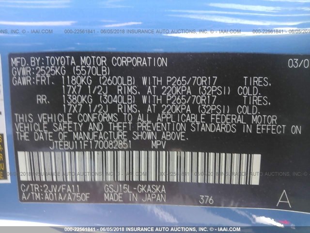 JTEBU11F170082851 - 2007 TOYOTA FJ CRUISER BLUE photo 9