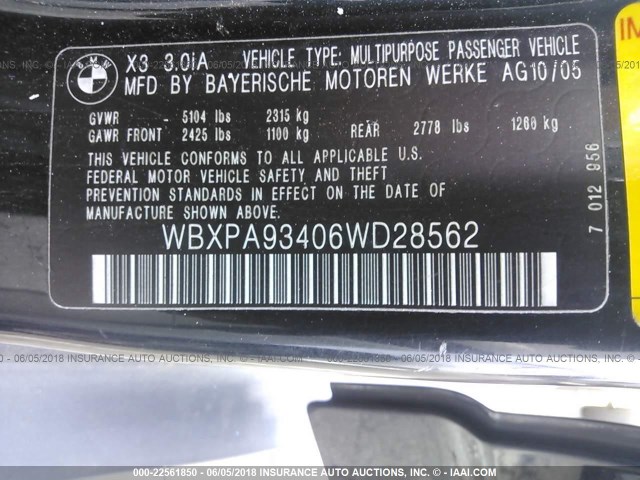 WBXPA93406WD28562 - 2006 BMW X3 3.0I BLACK photo 9