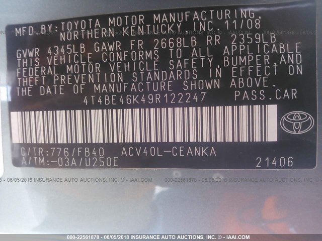 4T4BE46K49R122247 - 2009 TOYOTA CAMRY SE/LE/XLE 浅蓝色 照片 9