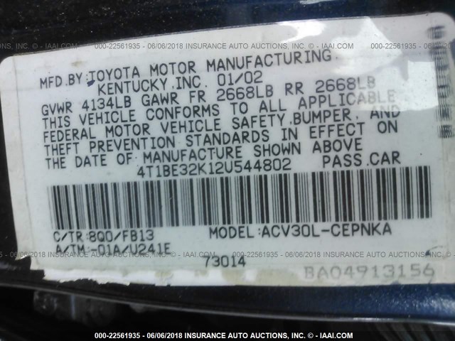 4T1BE32K12U544802 - 2002 TOYOTA CAMRY LE/XLE/SE 海军蓝 照片 9