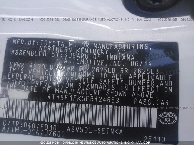 4T4BF1FK5ER424653 - 2014 TOYOTA CAMRY L/SE/LE/XLE Ağ foto 9