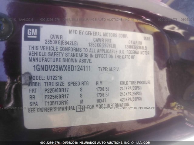 1GNDV23WX8D124111 - 2008 CHEVROLET UPLANDER LS BURGUNDY photo 9