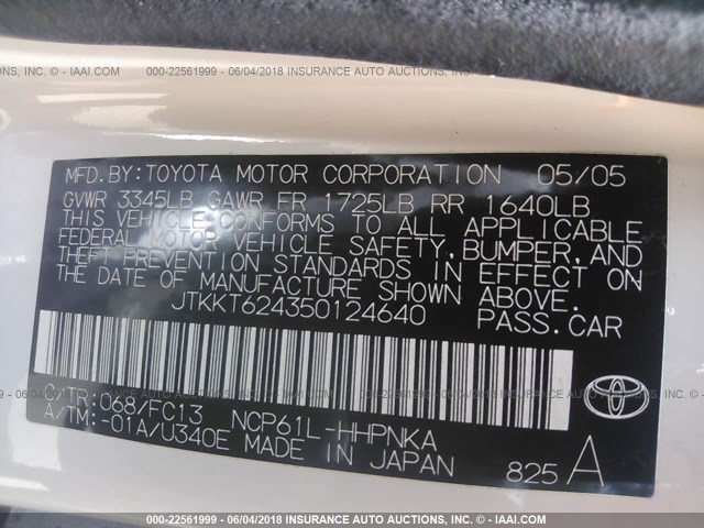 JTKKT624350124640 - 2005 TOYOTA SCION XA WHITE photo 9