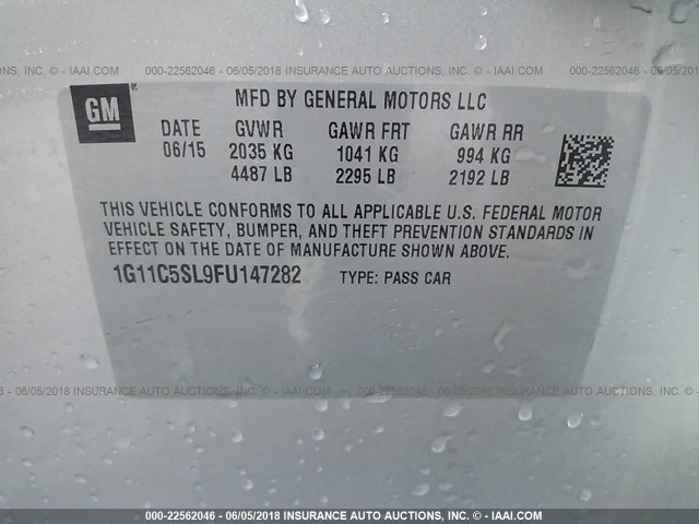 1G11C5SL9FU147282 - 2015 CHEVROLET MALIBU 1LT SILVER photo 9