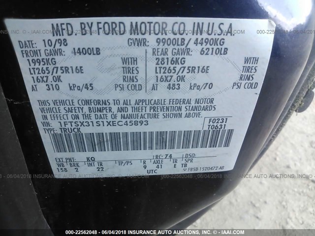 1FTSX31S1XEC45893 - 1999 FORD F350 SRW SUPER DUTY ლურჯი ფოტო 9