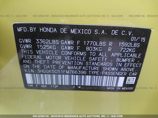 3HGGK5G51FM766396 - 2015 HONDA FIT LX YELLOW photo 9