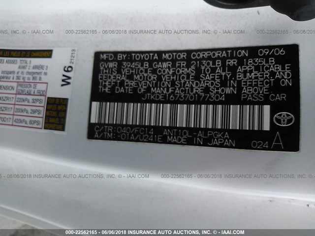 JTKDE167370177304 - 2007 TOYOTA SCION TC 白色 照片 9